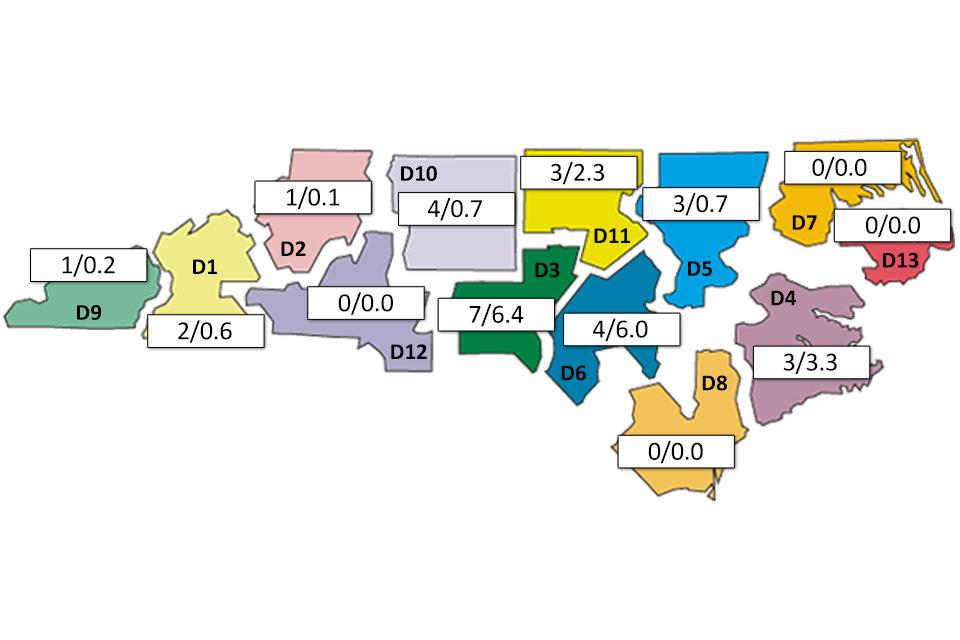 State map indicating daily wildfire activity in each N.C. Forest Service district