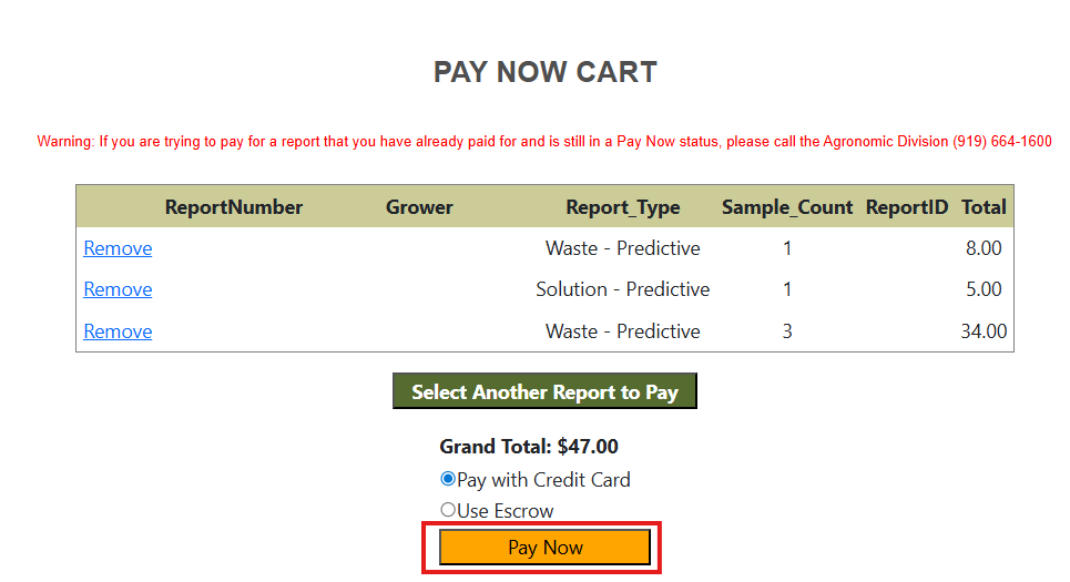 PALS "Pay Now Cart" with highlighted "Pay Now" Button