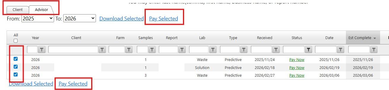 PALS Report page with clicked reports and "Pay Selected" highlighted