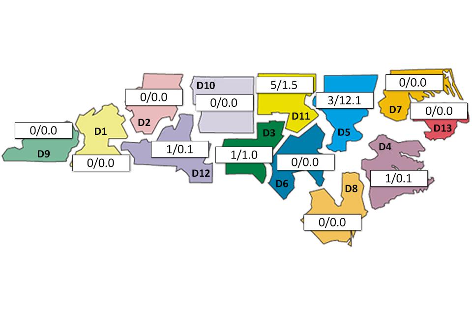 State map indicating daily wildfire activity in each N.C. Forest Service district