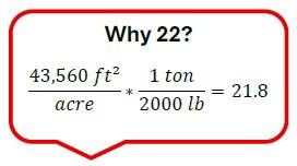 Conversion factor of 22 = 43,560 ft2/acre x 1 ton/2000 lb = 21.8