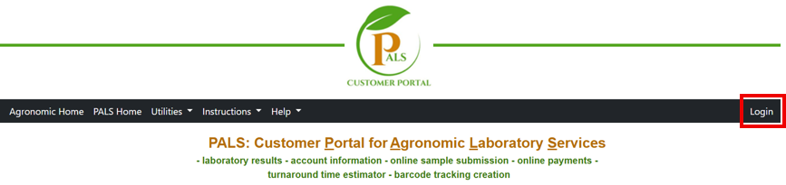 Login page for Portal for Agronomic Laboratory Services (PALS)