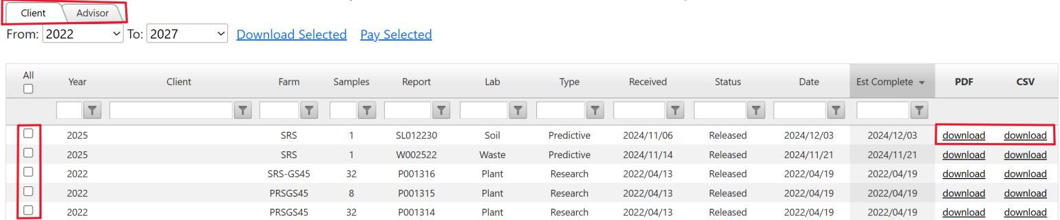 PALS lab report list in client account