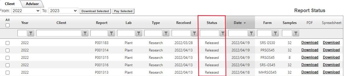 Report status column shown in PALS
