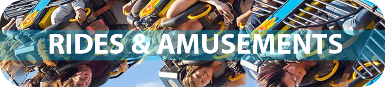 Fairgoers on a ride and text that says rides & amusements