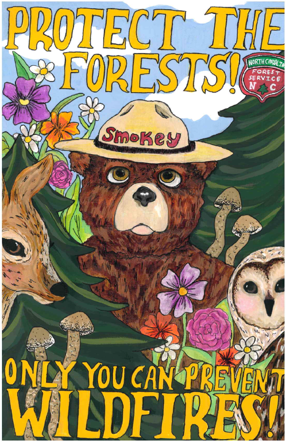 Original artwork featuring Smokey Bear up close and surrounded by wildlife in the forest