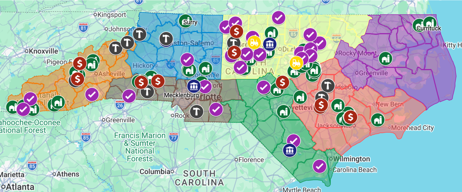 A map of NC displaying icons to represent the location of grant applications 