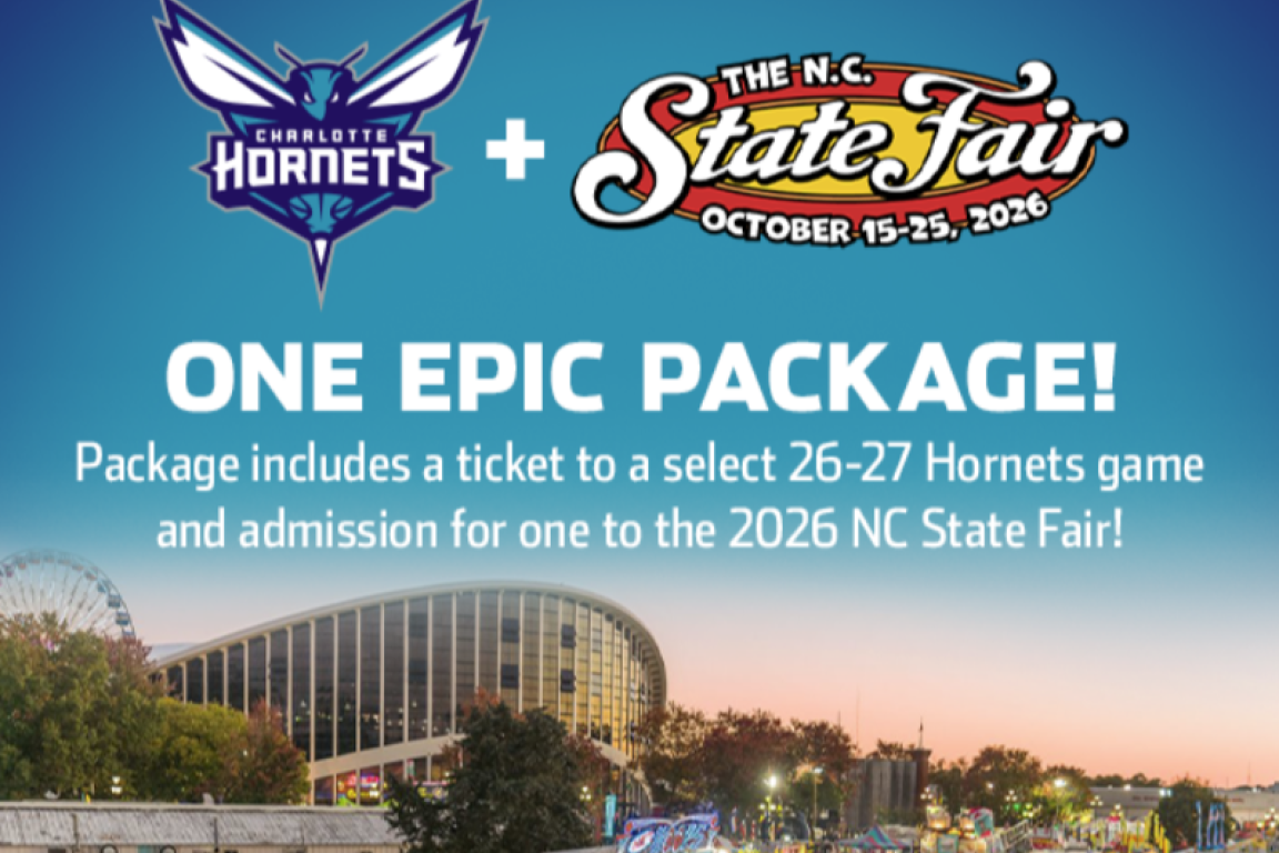 Charlotte Hornets Logo and 2026 State Fair Logo with Fairgrounds in background