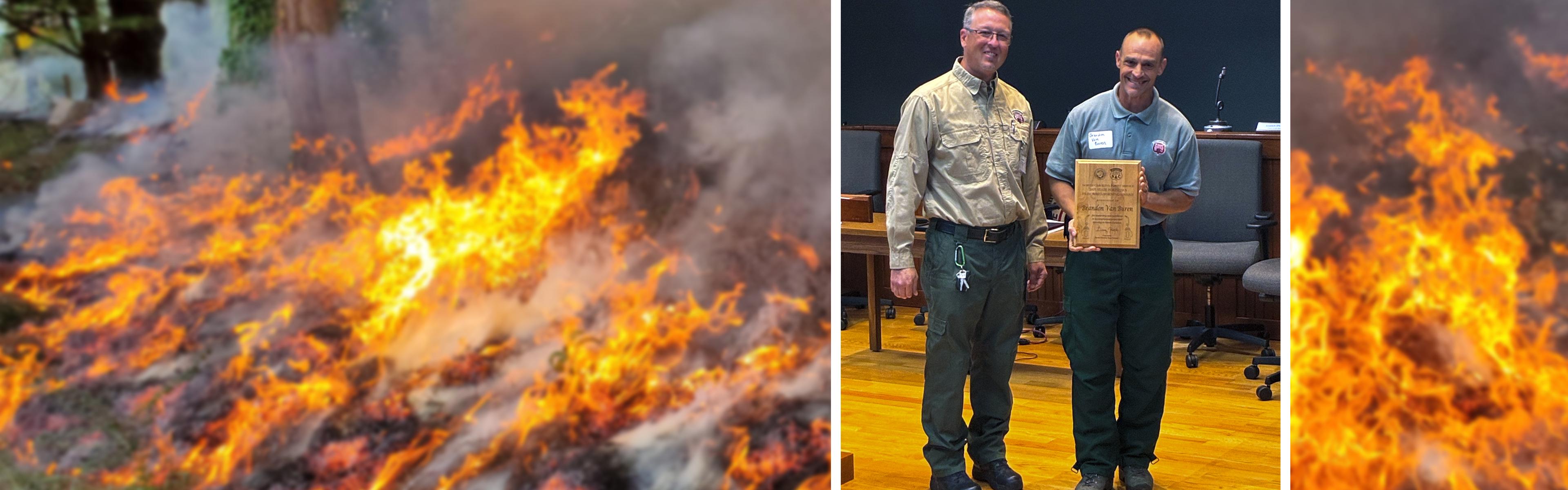 State Forester Greg Hicks presents the State Forester's Prescribed Burning Award to NCFS Richmond County Ranger Brandon Van Buren