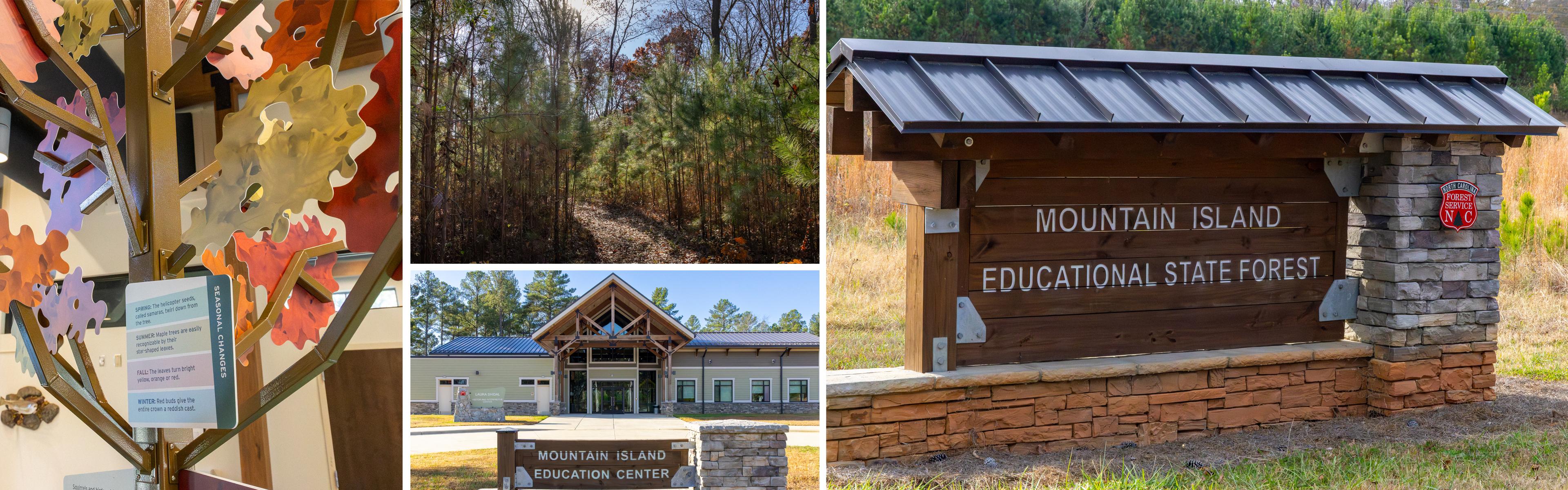 MIESF main entrance sign, interpretive center, trail, exhibits inside interpretive center