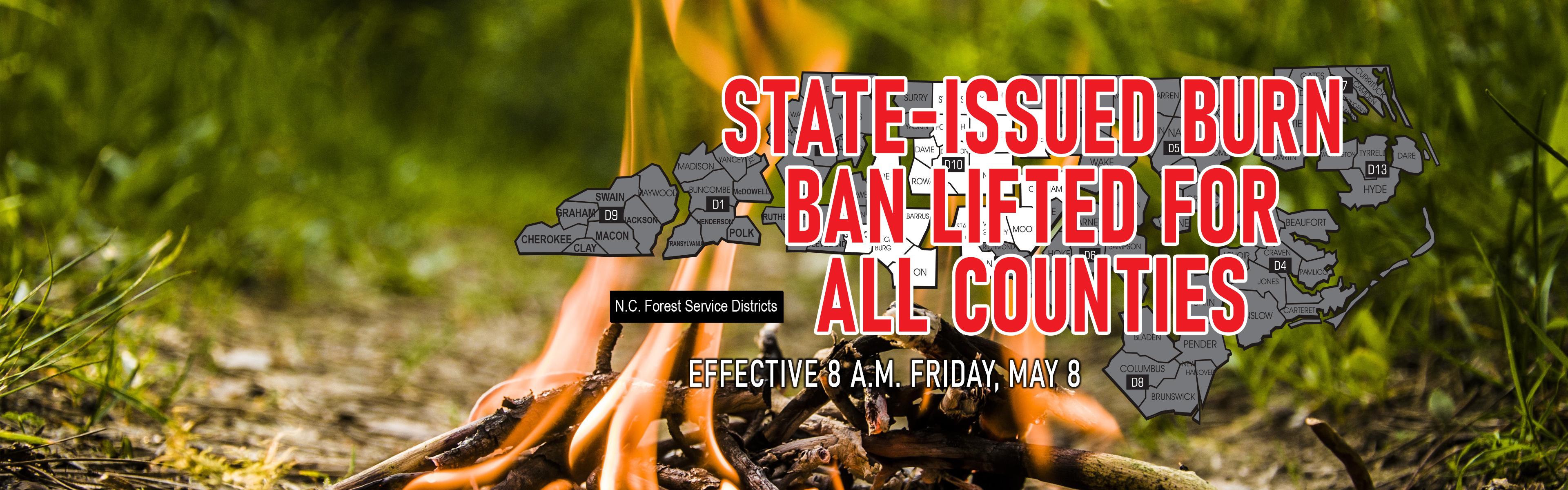 Text and a NC state map overlaying an image of a small yard fire