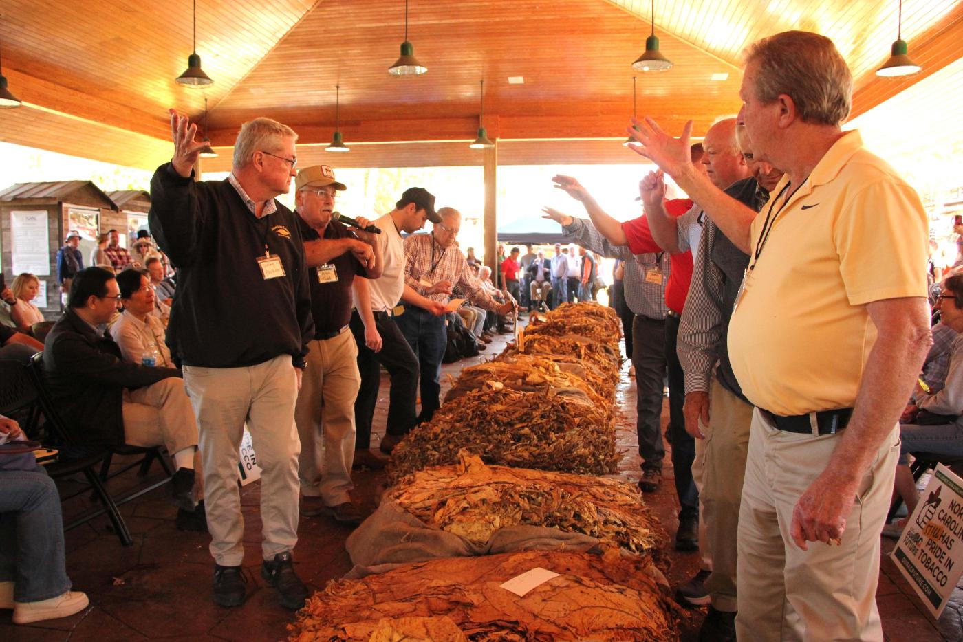 Pictured is a mock tobacco auction where the auctioneer is getting bids from buyers for sheets of flue-cured tobacco.