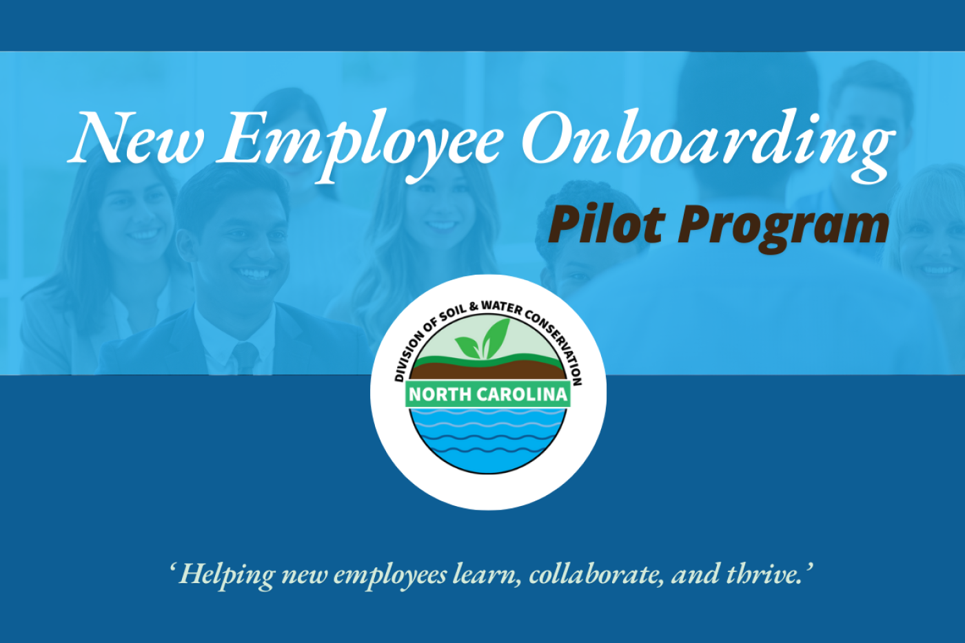 People sitting and watching a speaker. Words: New Employee Onboarding Pilot Program