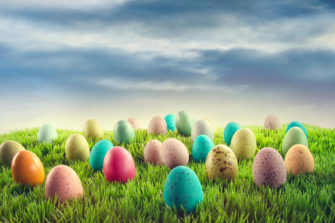 Colorful Easter eggs in grass field with blue sky and white clouds