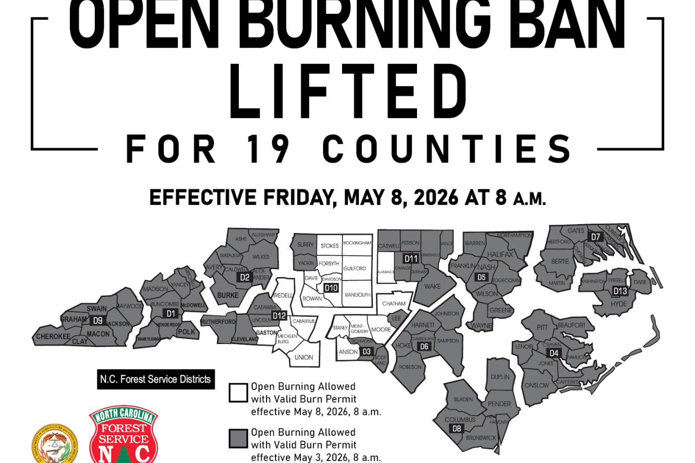 map showing counties where last burn ban  will be lifted May 8 