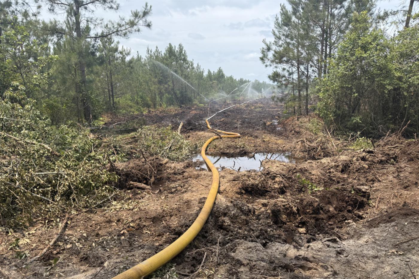 Irrigation to extinguish hot spots on the Rose Bay Canal Fire in Hyde County