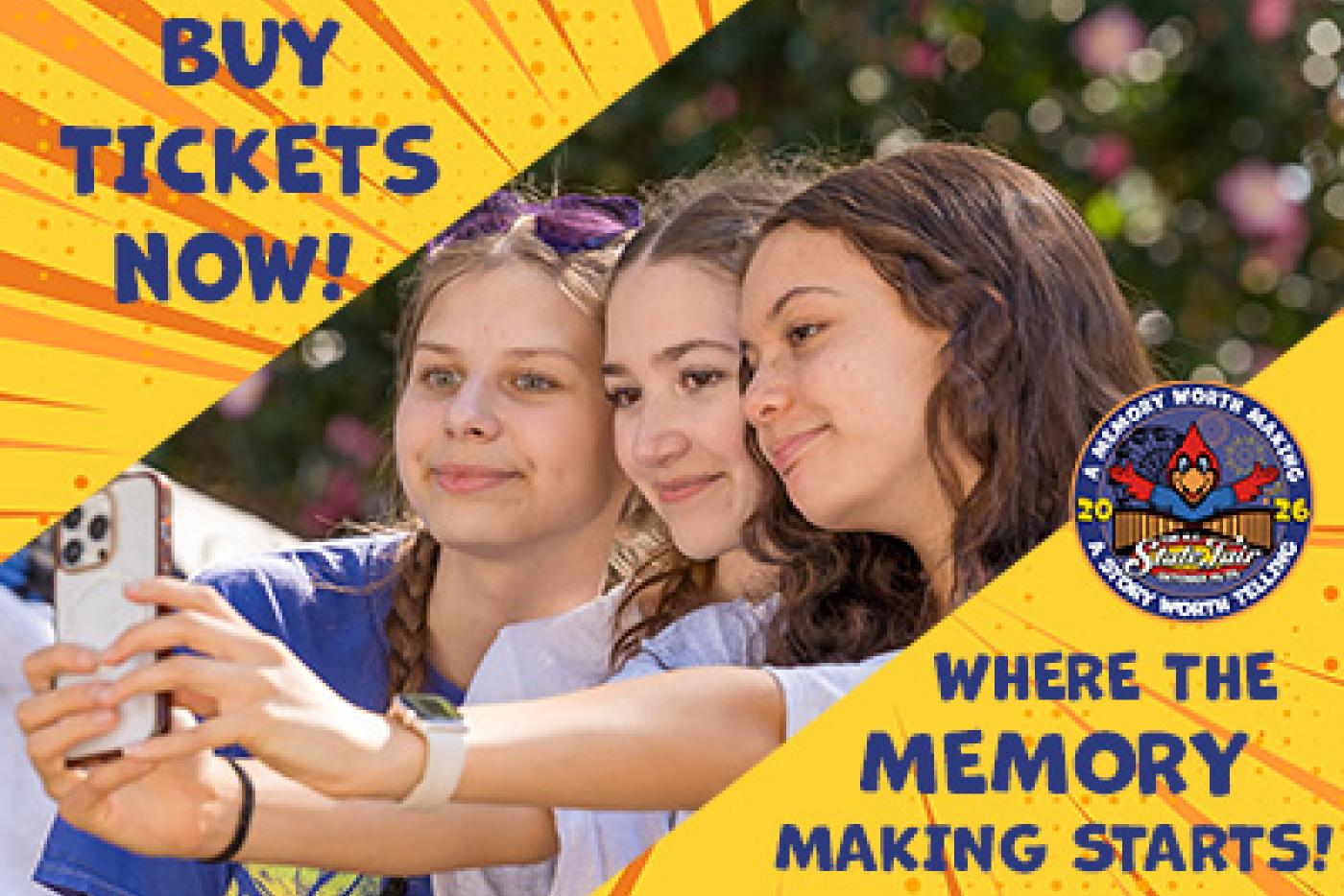 Three girls taking a selfie with the words "Buy Tickets Now!"