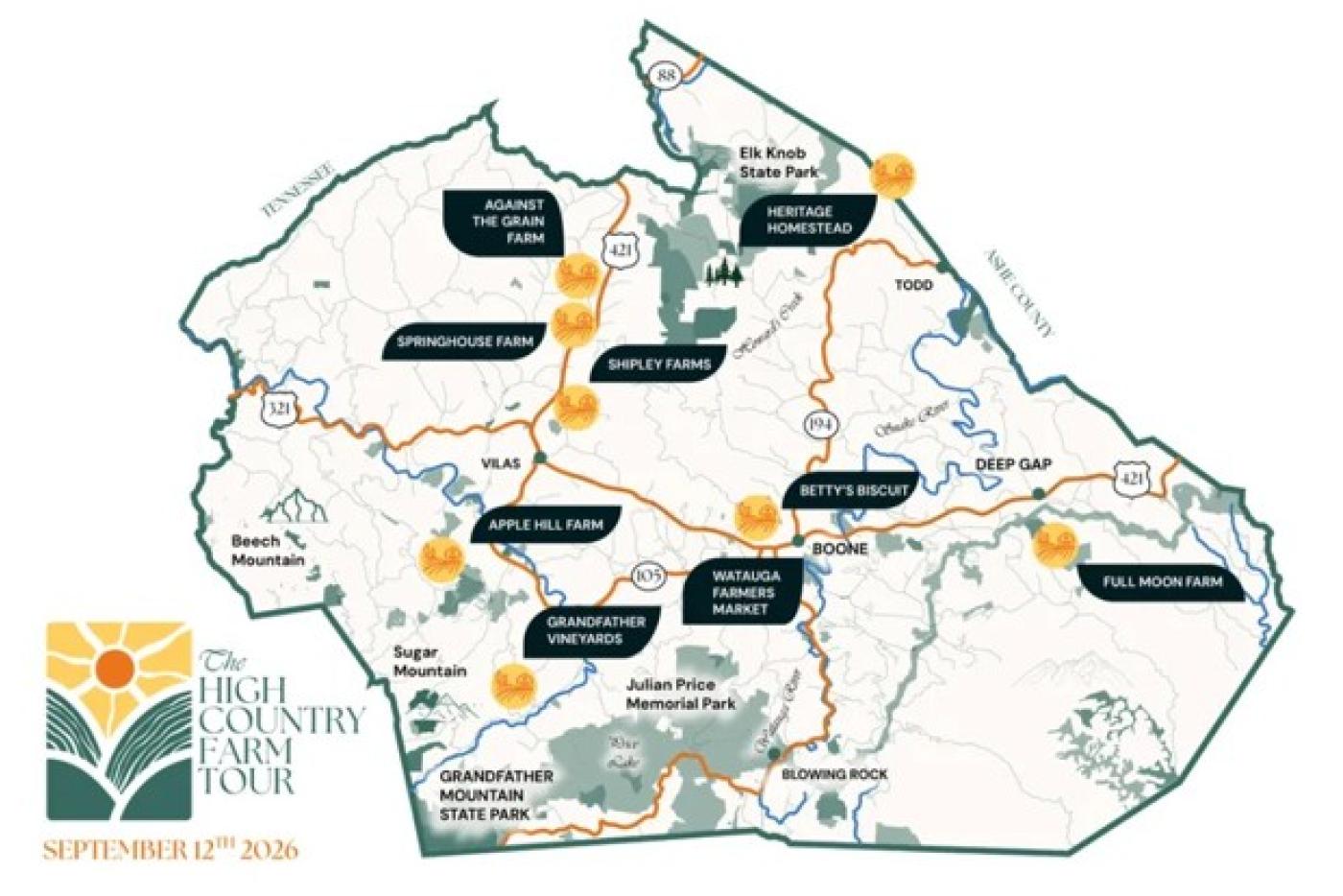 Map showing stops on the High Country Farm Tour