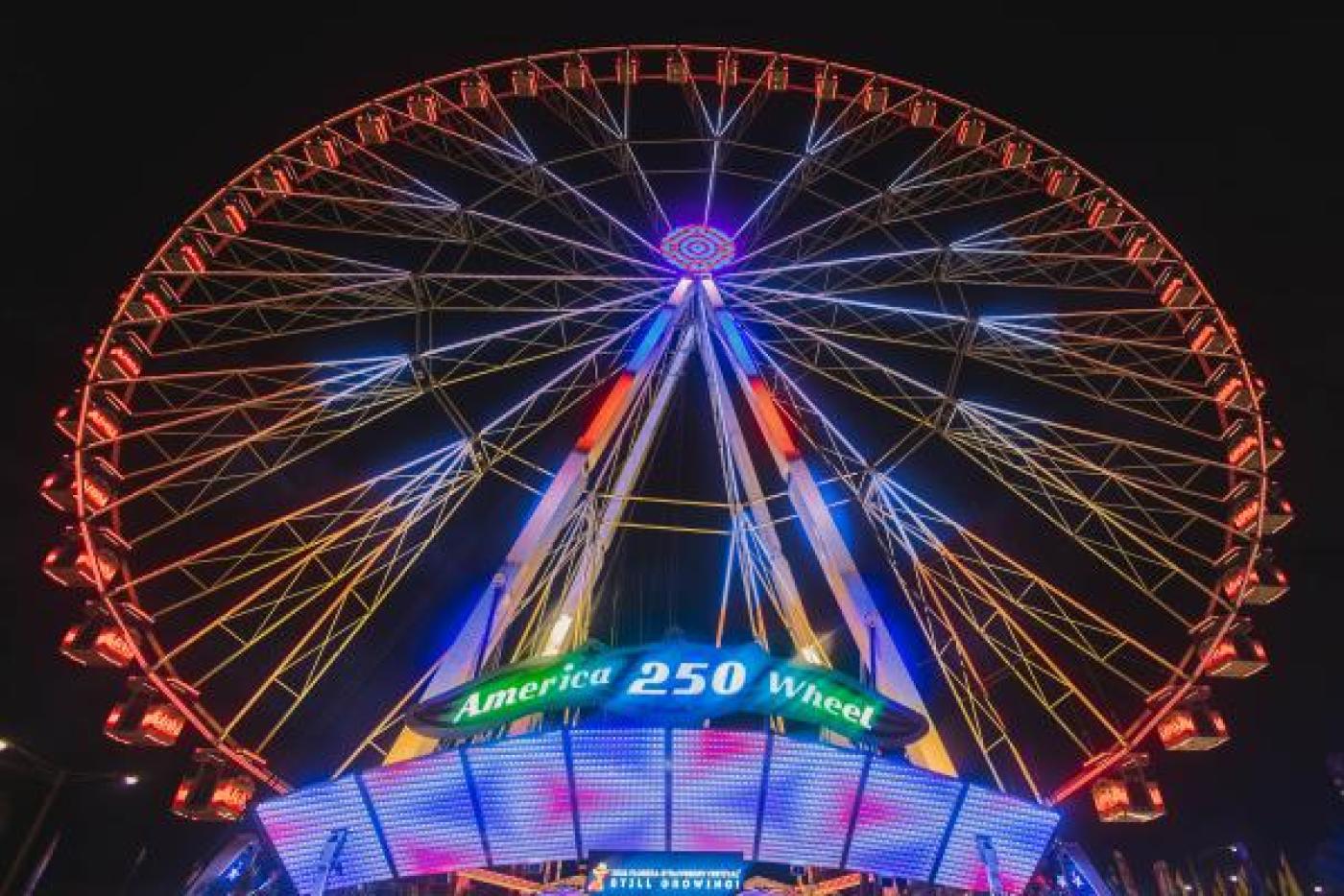 230 foot Ferris Wheel with red, white and blue America color theme