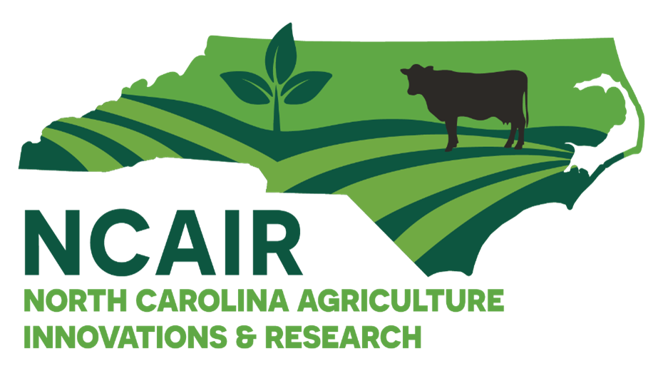 This logo graphic shows the geographic shape of the state of North Carolina in light and dark green stripes to represent an field, with a plant sprouting and an image of a cow standing in the graphic field. "NCAIR" is in the lower left outside the state outline, with the words "North Carolina Agriculture Innovations & Research" below that.