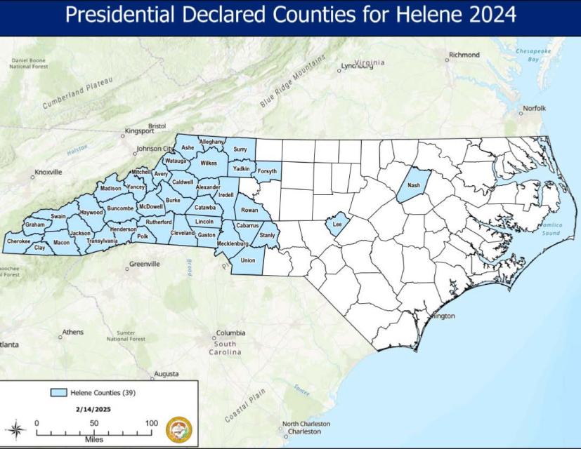 county map of North Carolina showing presidential declared counties shaded in blue