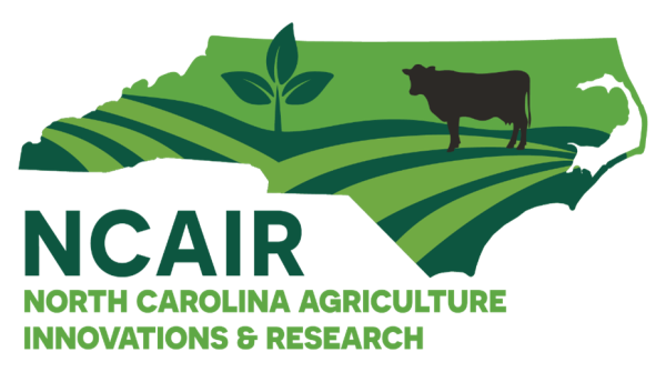This logo graphic shows the geographic shape of the state of North Carolina in light and dark green stripes to represent an field, with a plant sprouting and an image of a cow standing in the graphic field. "NCAIR" is in the lower left outside the state outline, with the words "North Carolina Agriculture Innovations & Research" below that.