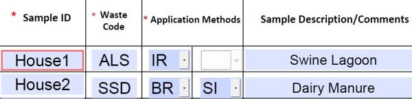Example of waste code and application method fields on waste submission form