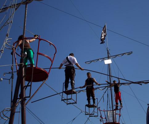 Acrobates standing on highwire