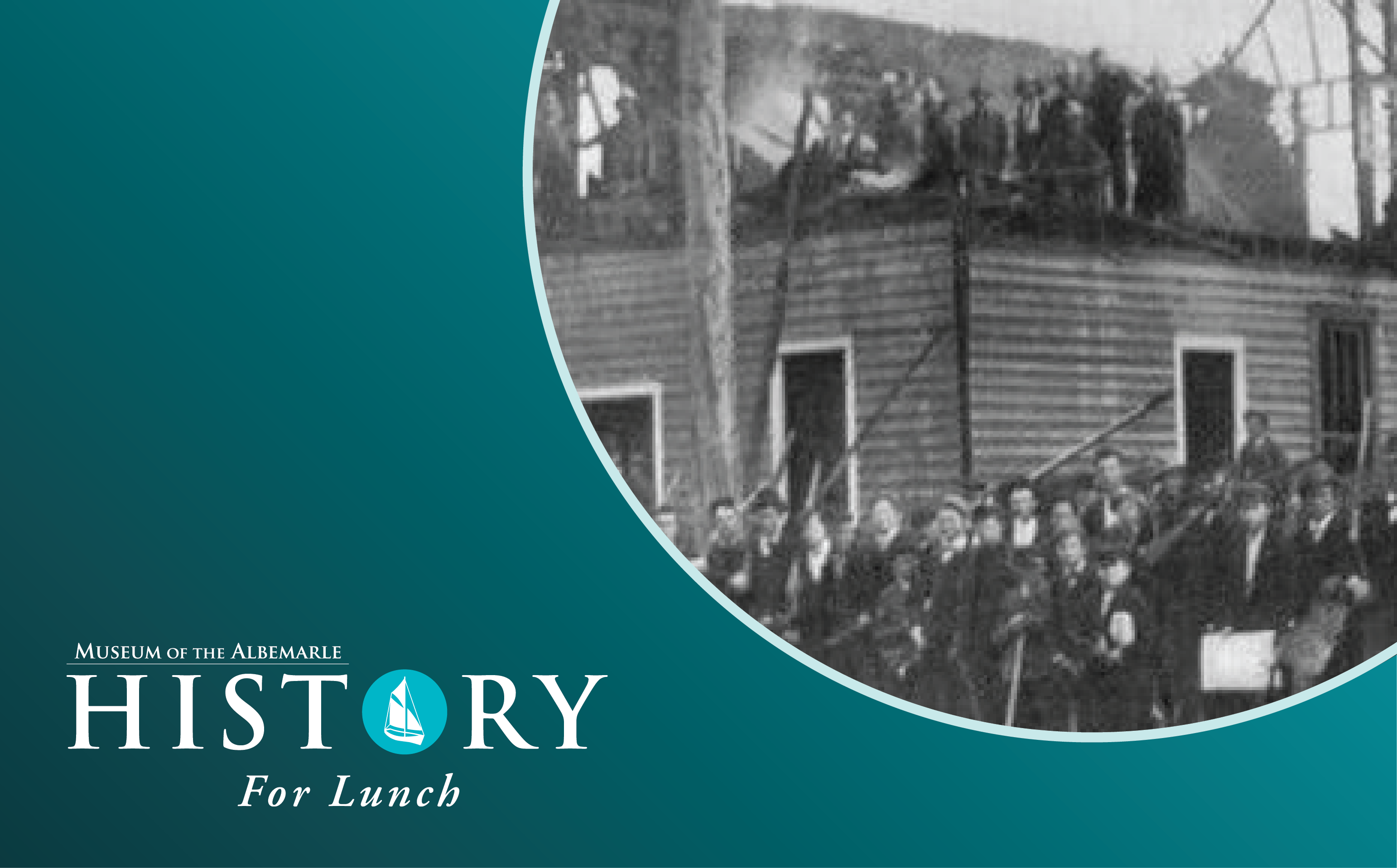 A black and white photo of men standing outside an old house