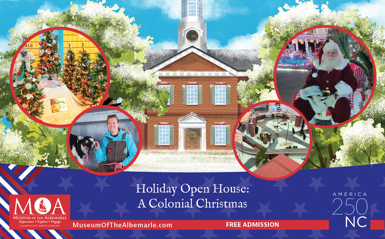 A Christmas scene with details about a holiday open house 