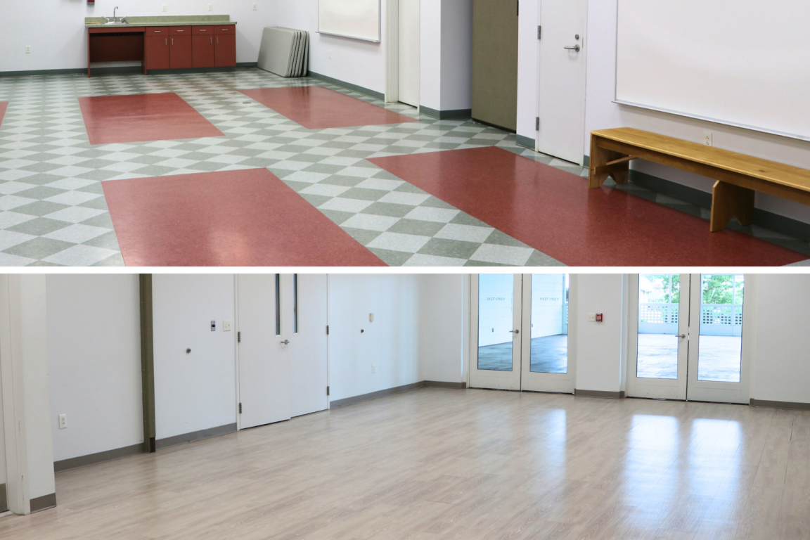 empty classrooms with a checkered pattern floor and light brown floor