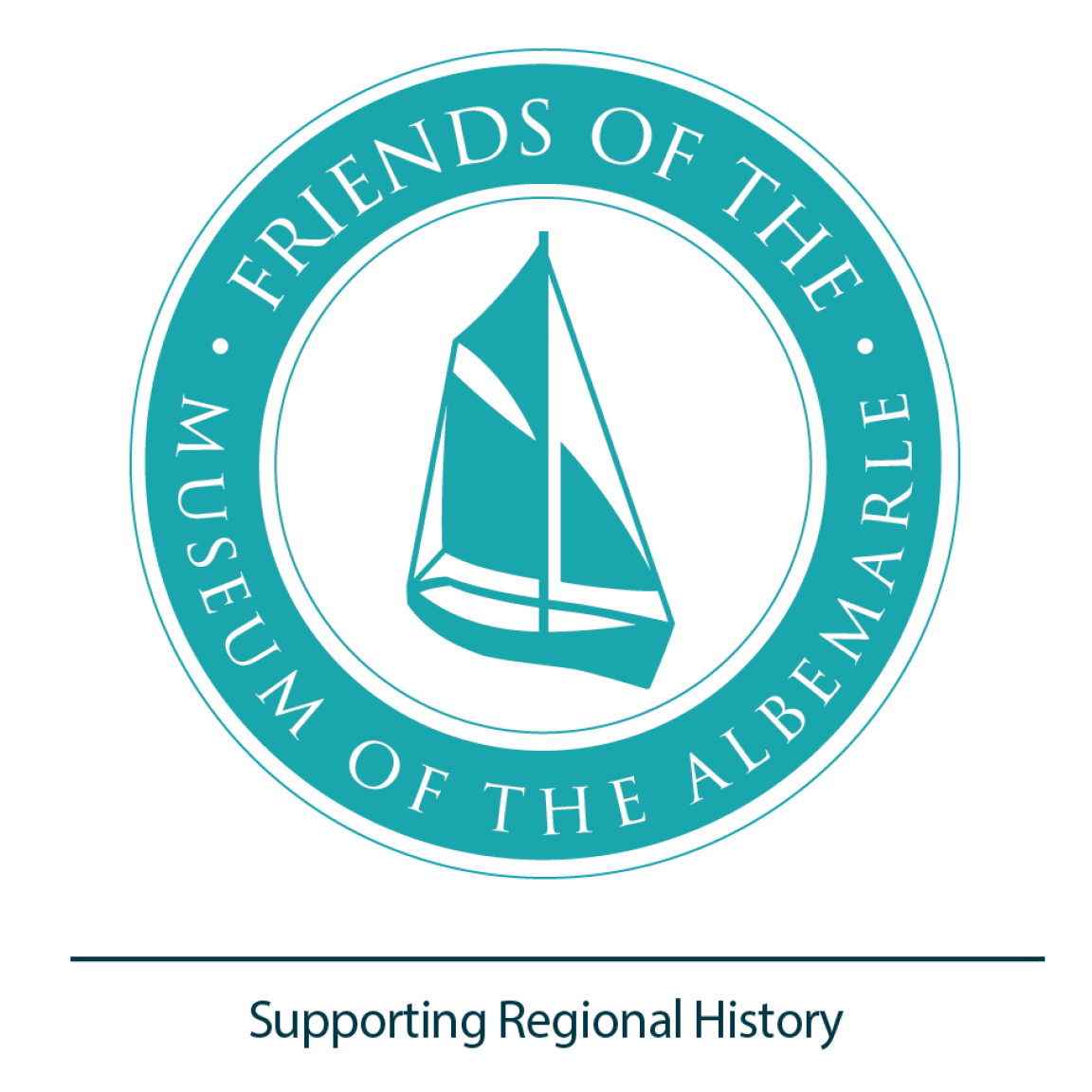 A teal circle with a boat in the middle that says Friends of the Museum of the Albemarle and Supporting Regional History
