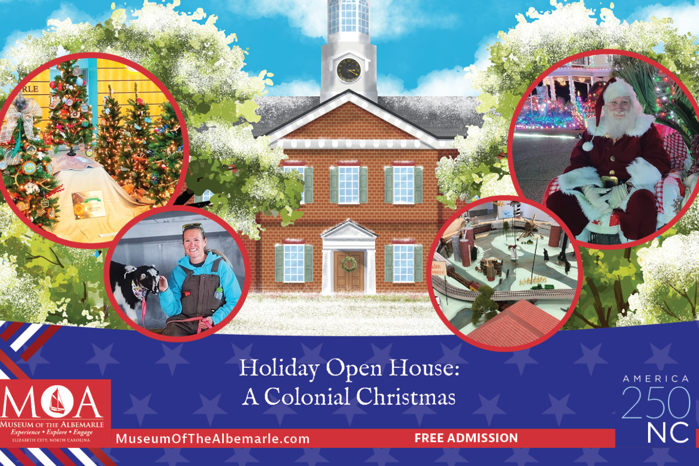 A Christmas scene with details about a holiday open house 