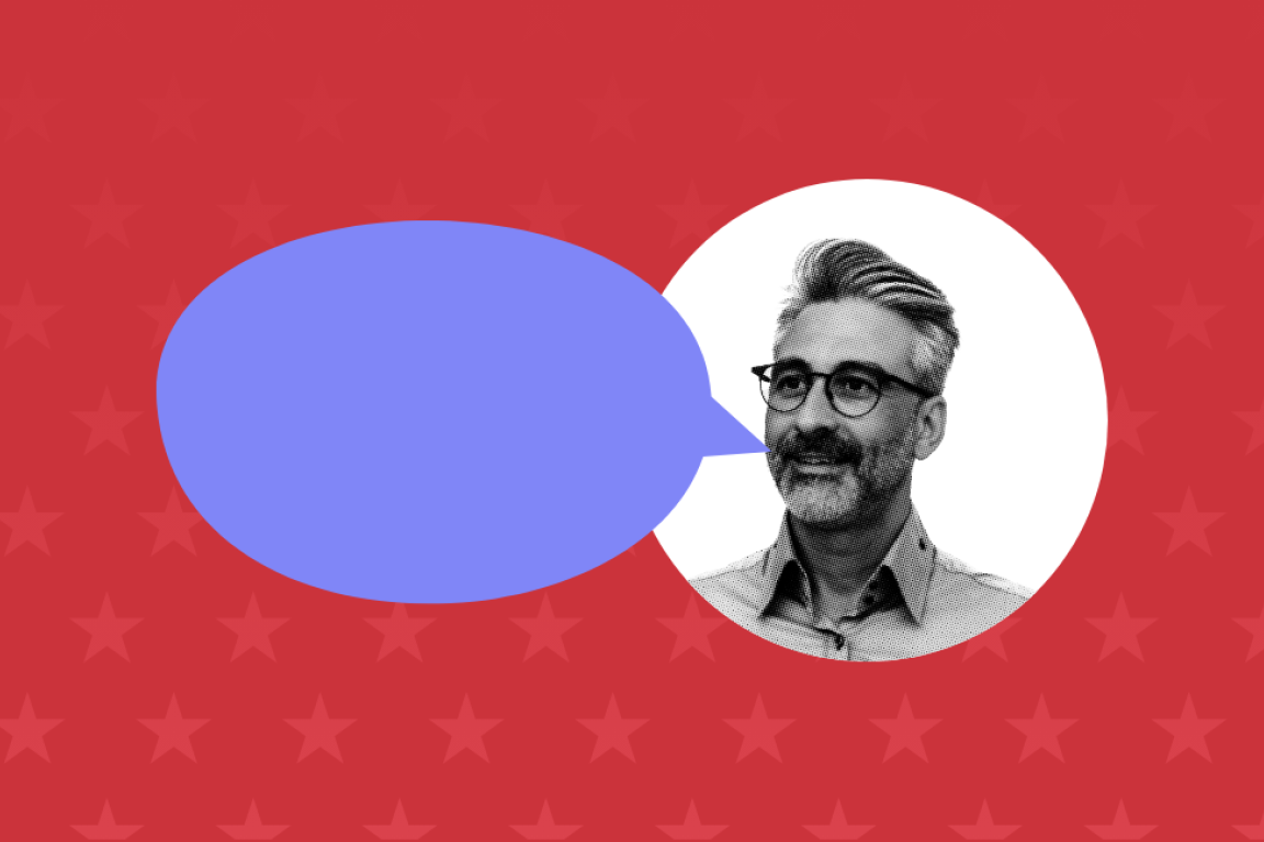 A man next to a speech bubble
