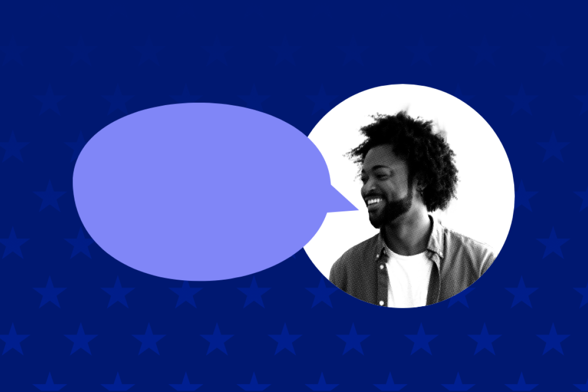 A man next to a speech bubble.