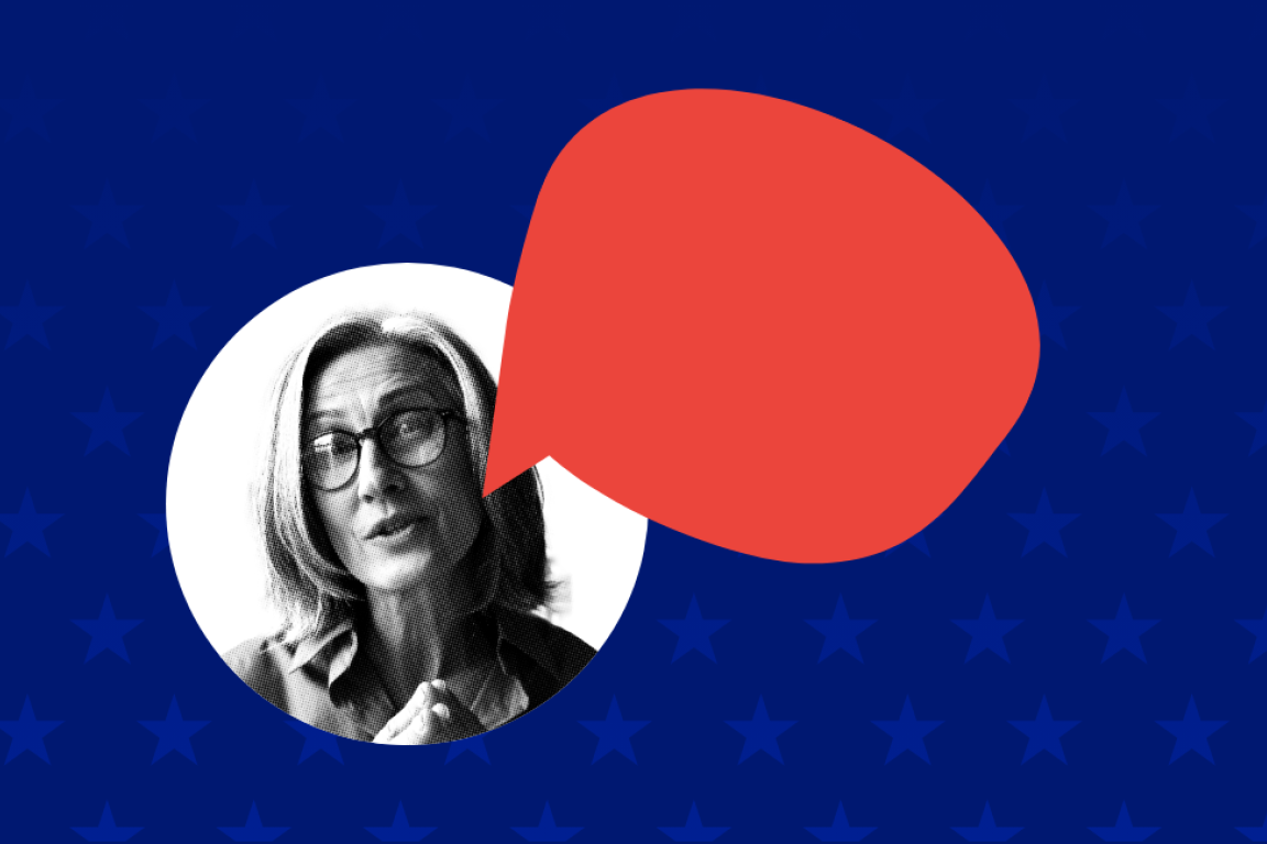 A woman next to a speech bubble.