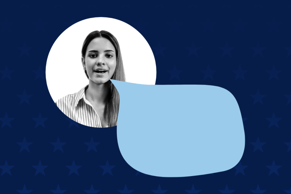 A woman next to a speech bubble.