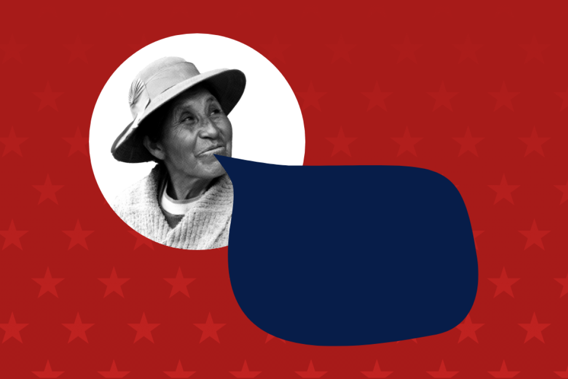 A woman next to a speech bubble.