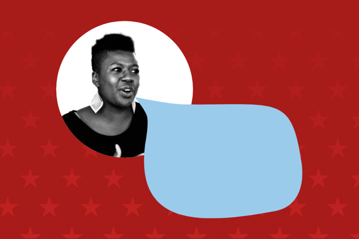 A woman next to a speech bubble.