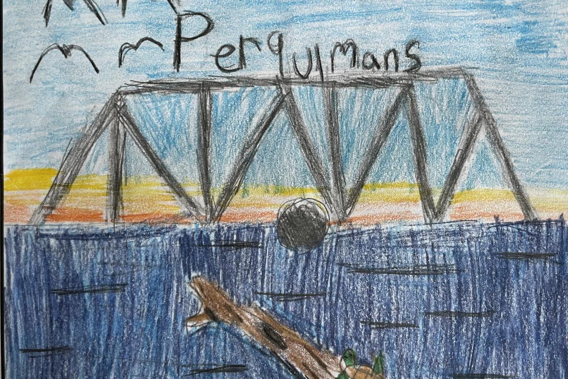 Blue hand drawn flag design, says Perquimans at the top, blue sky and blue water, with a gray bridge