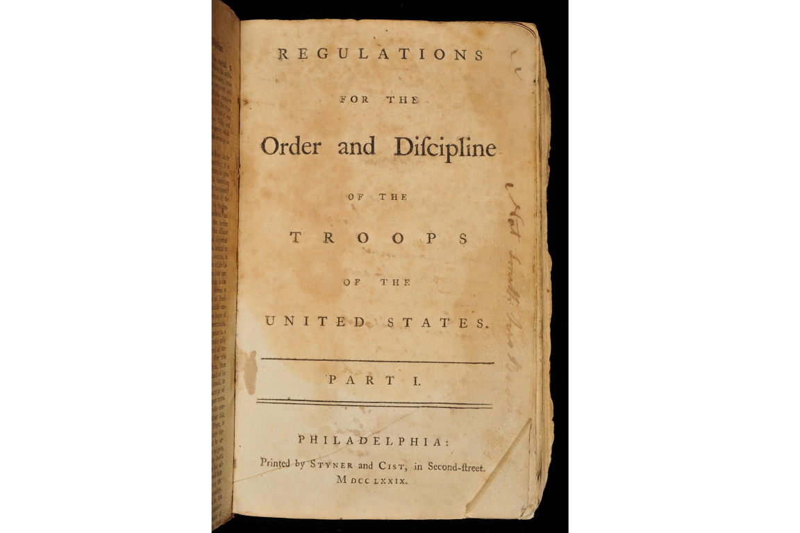 An aged title page of a book titled Regulations for The Order and Discipline of The Troops of The United States.