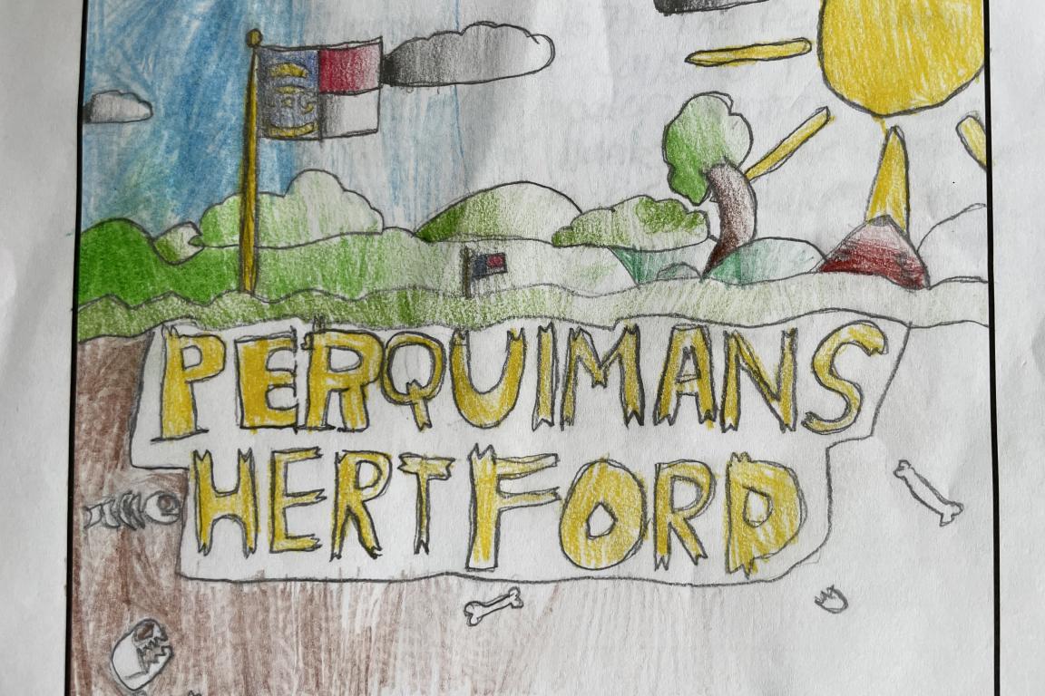 Hand drawn flag with a sun, NC flag, and says Perquimans