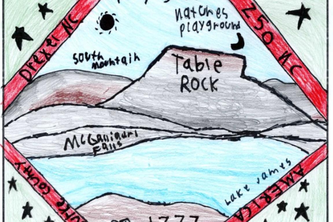 A hand drawn flag with a blue background, red strips, green and blue designs, and rocks