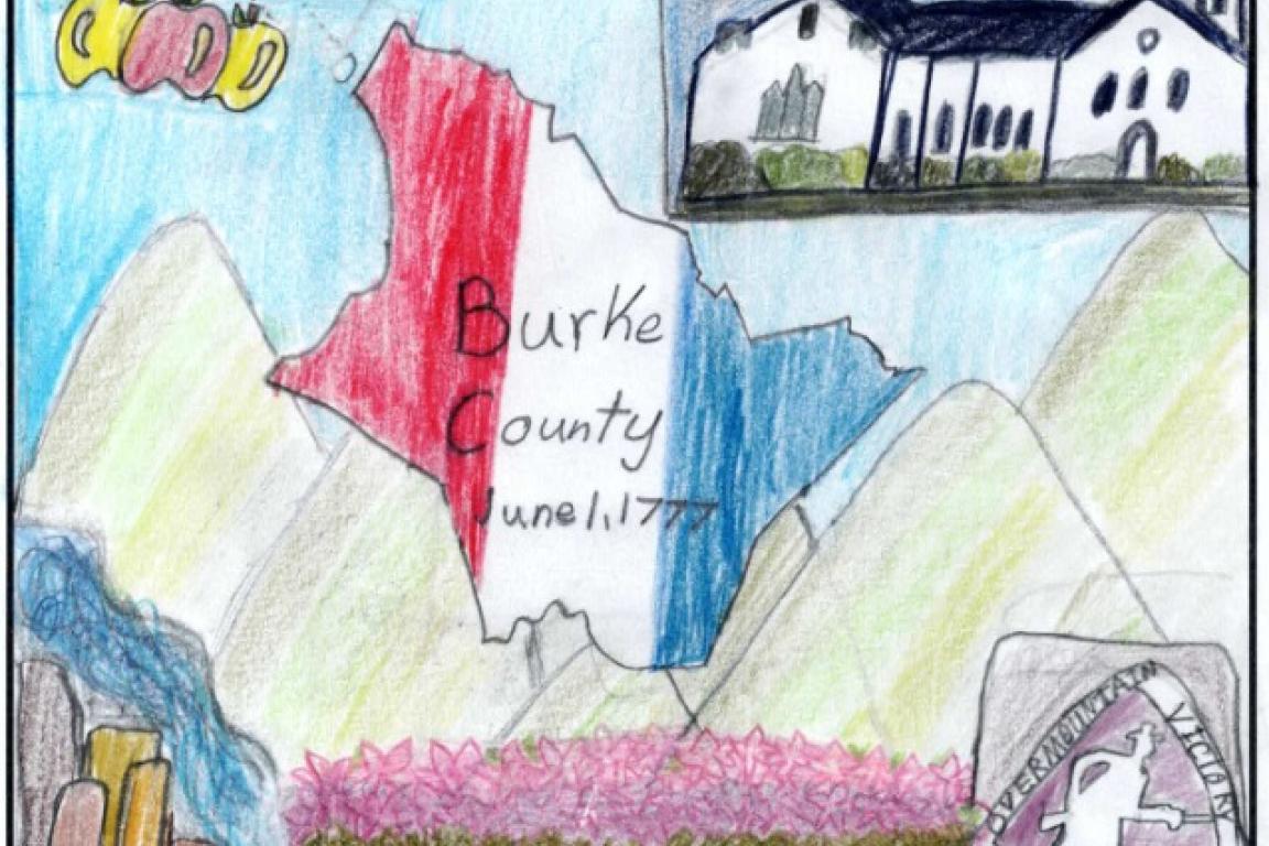 A hand drawn flag with apples, mountains, a building, and blue sky