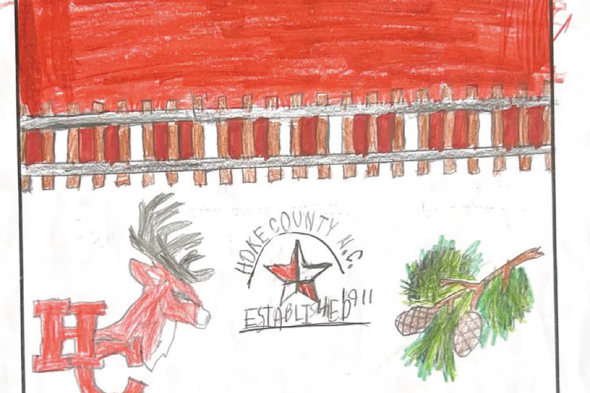 red and white hand drawn flag with rail road tracks, pine branch, and says Hoke County