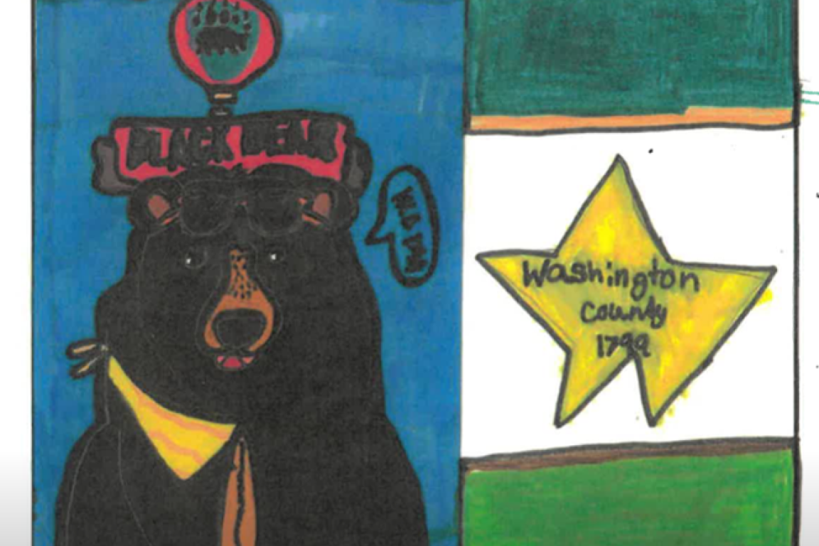 Hand drawn design with a bear, green stripes, and a yellow shape