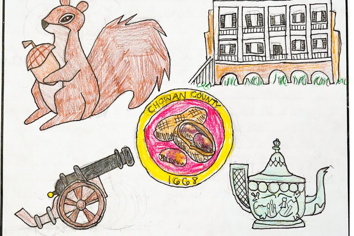 Drawn design with squirrel, building, cannon, teapot, and peanuts
