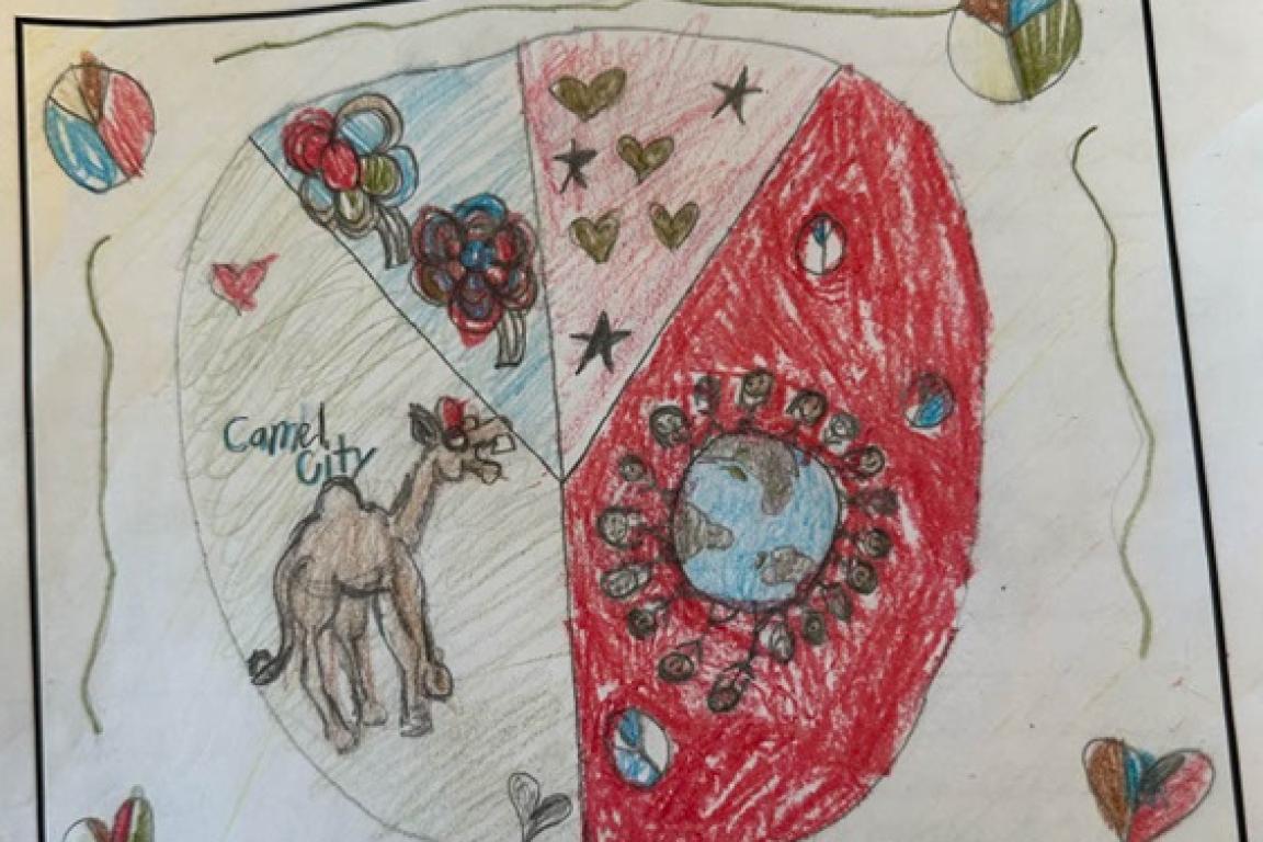 hand drawn design with red, white, and a camel