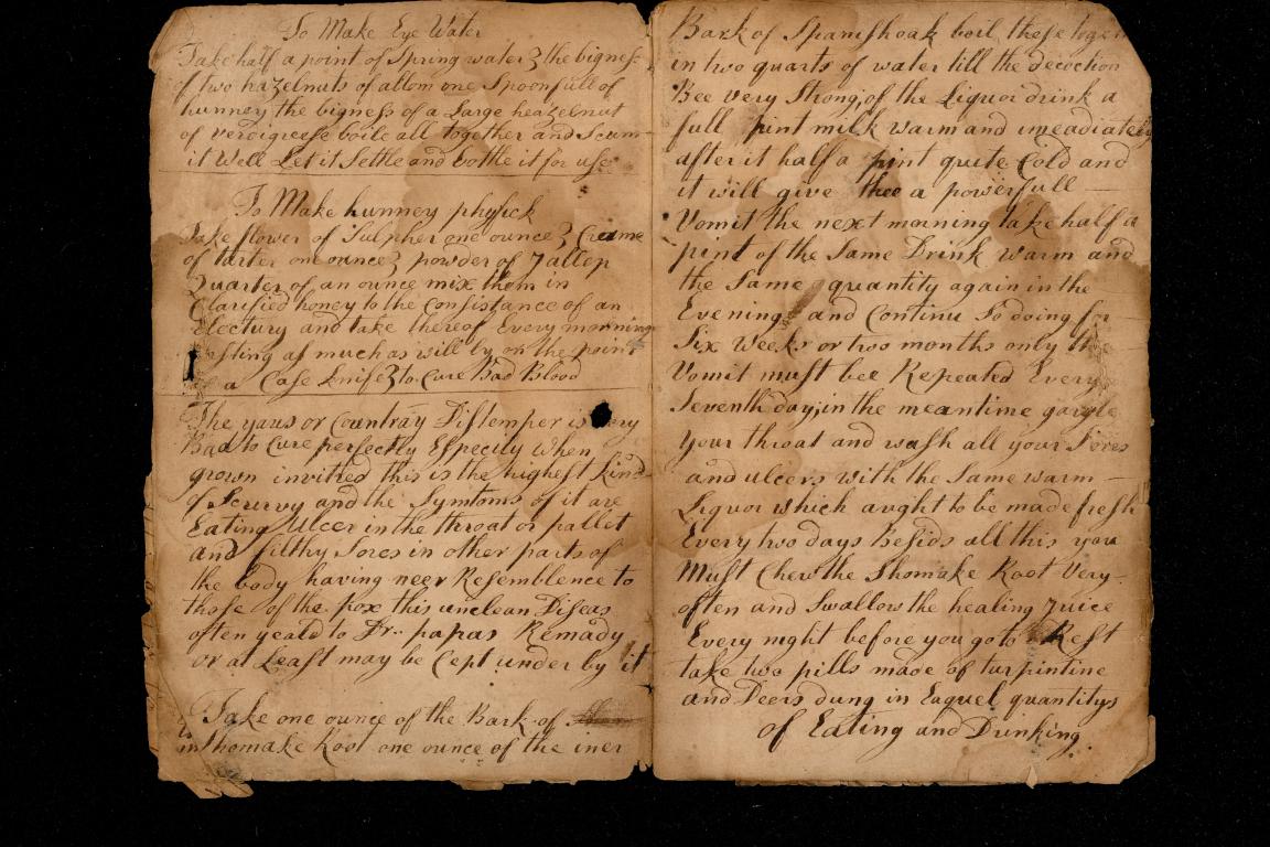 two pages of handwritten text descirbing recipes for medical cures