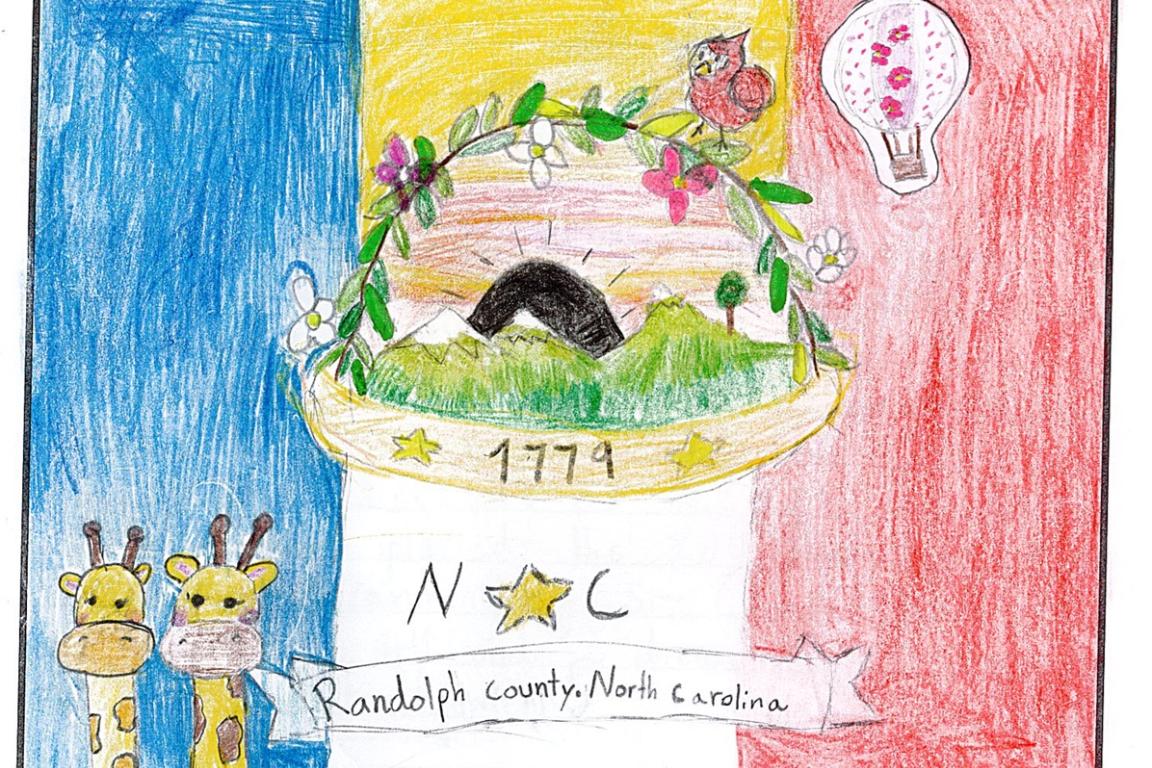 Red, white, yellow, and blue hand drawn design with Giraffes in the lower left corner